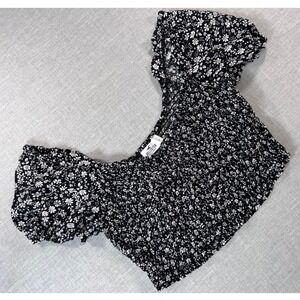 Hollister Womens Black White Floral Smocked Crop Top Puff Sleeve Square Neck S